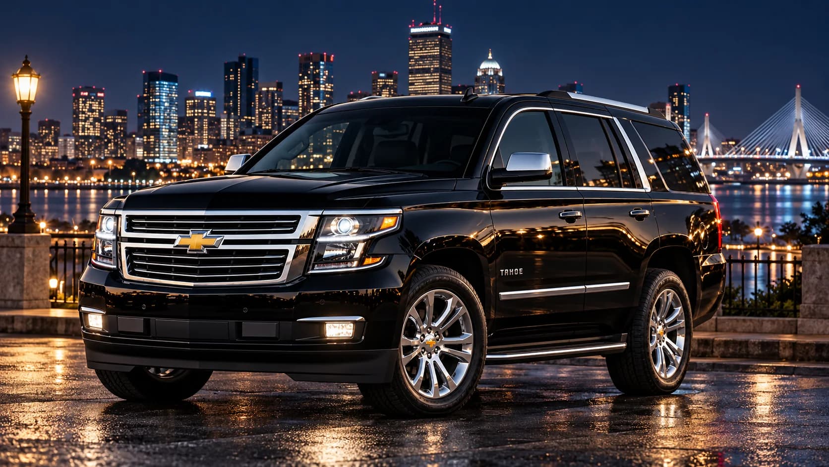 Black Floripa SUV parked by the water at night with the Boston skyline behind it