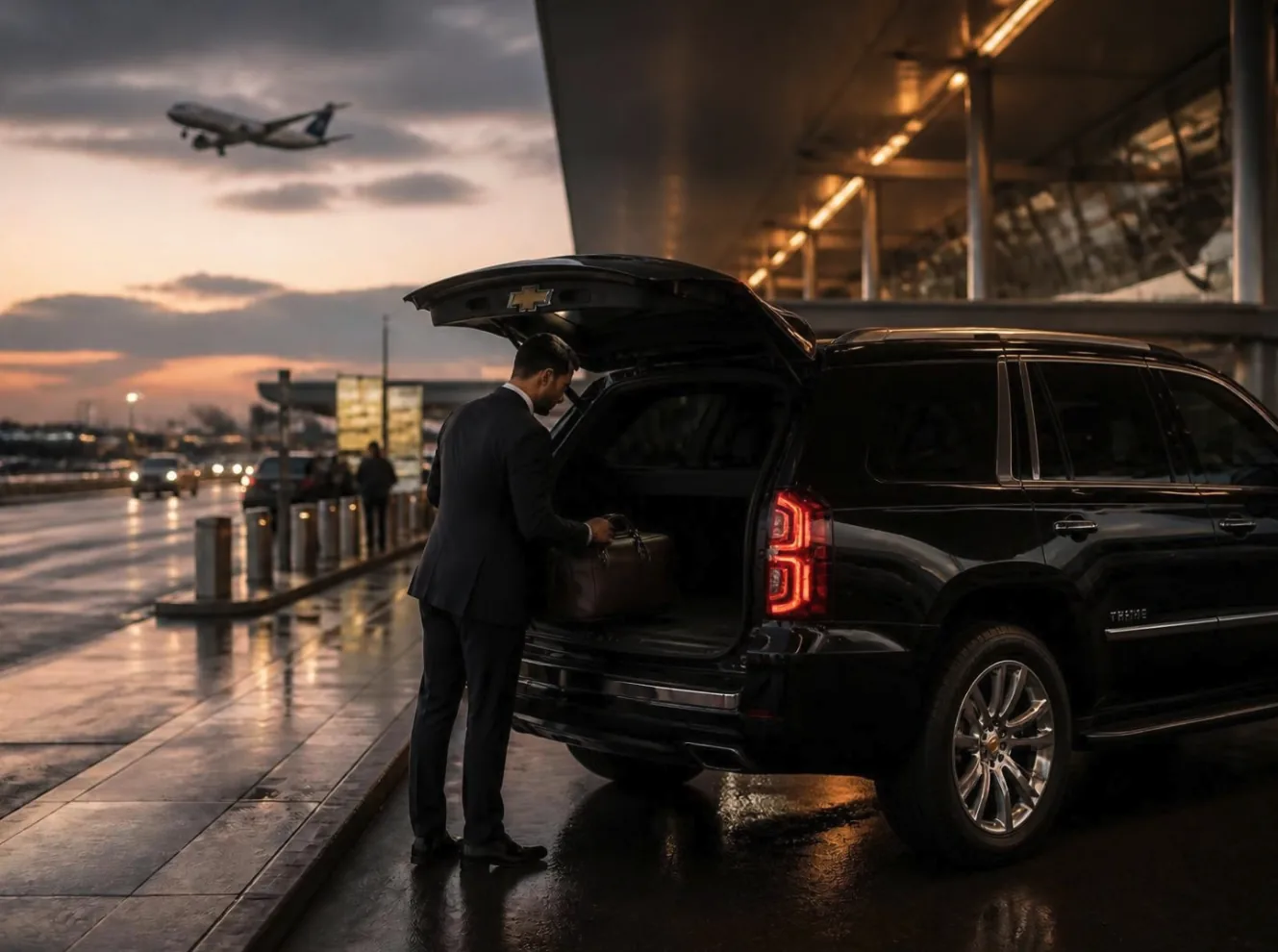 Chauffeur loading luggage into a black SUV at an airport terminal at dusk