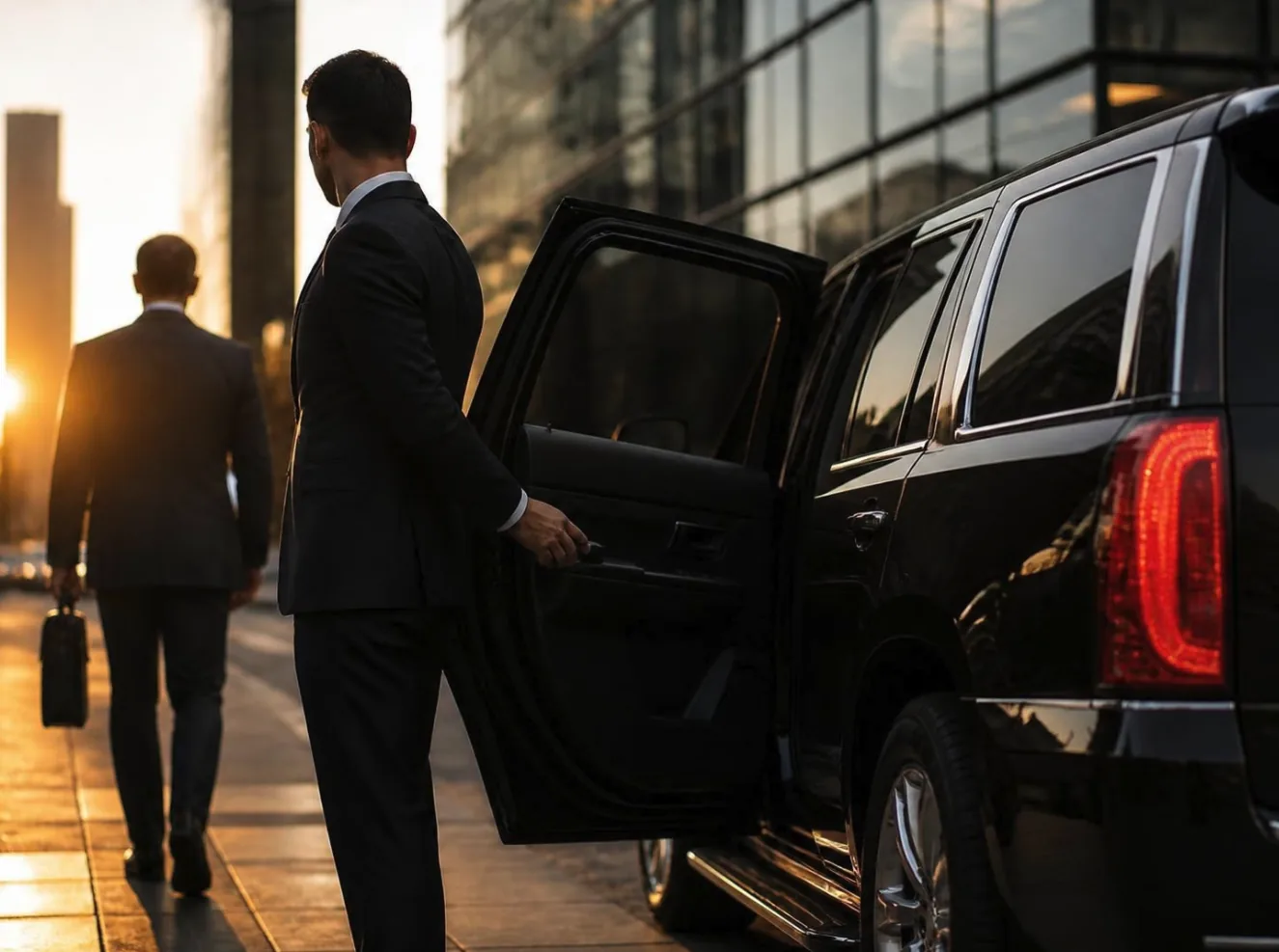 Chauffeur holding the door of a black SUV for a business traveler downtown