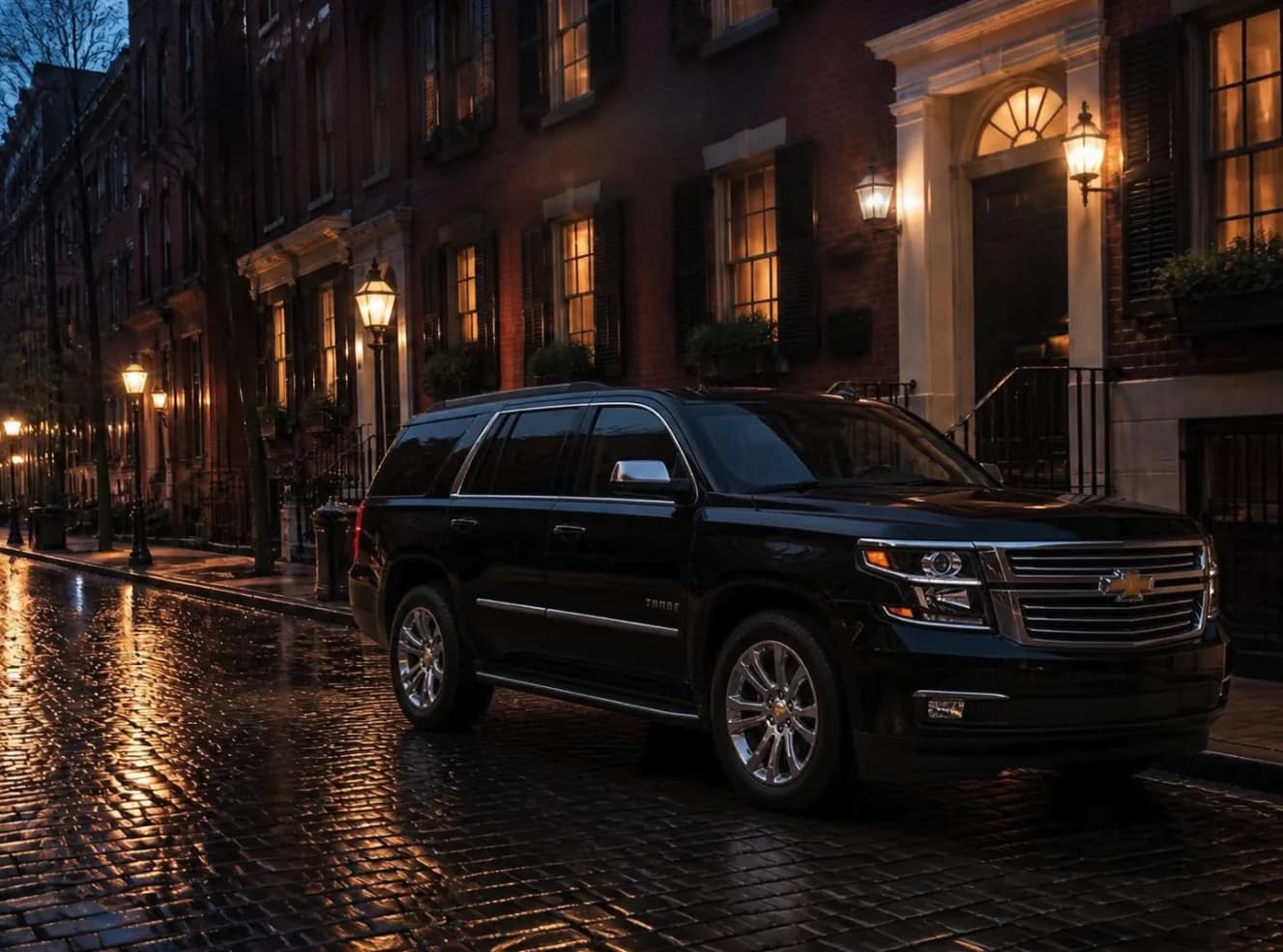 Black sedan on a lamp lit brick street in the evening