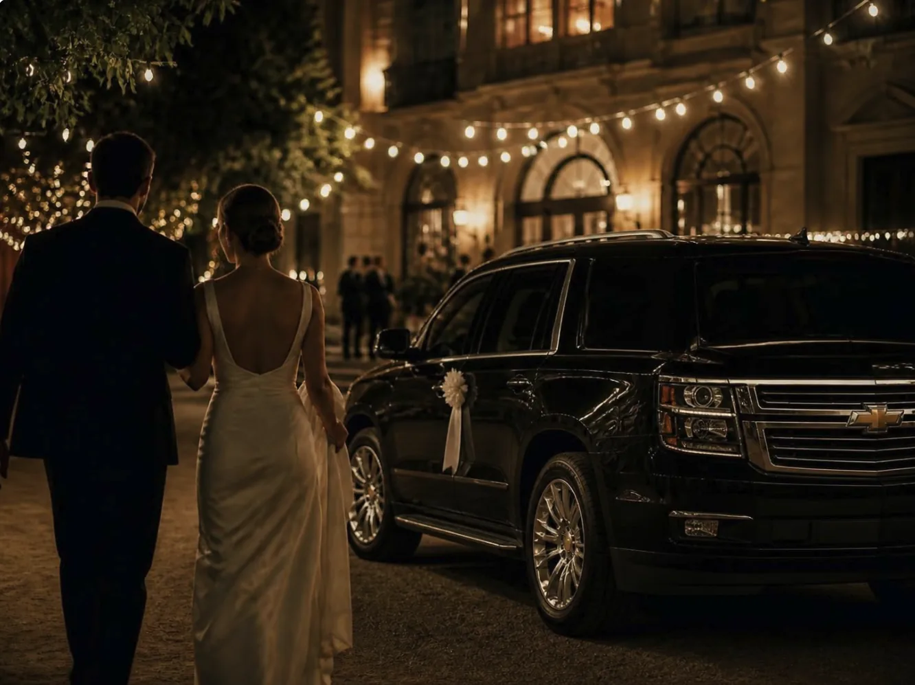 Couple in formal wear walking to a black car outside an evening venue